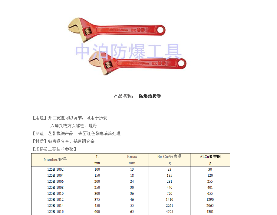 泊頭市中奧防爆工具       防爆活扳手