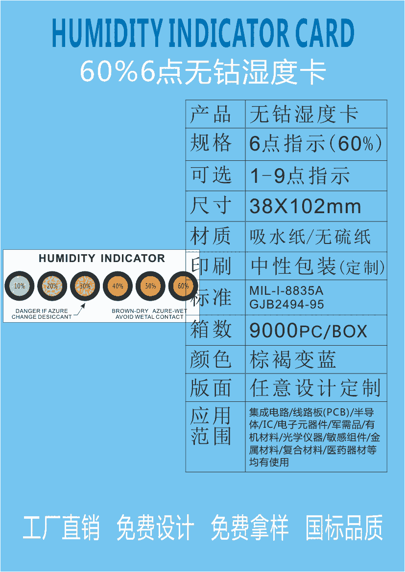 濕度卡3點(diǎn)4點(diǎn)6點(diǎn)藍(lán)色濕度卡10-60值濕度批示卡環(huán)保無鈷 濕度指示卡