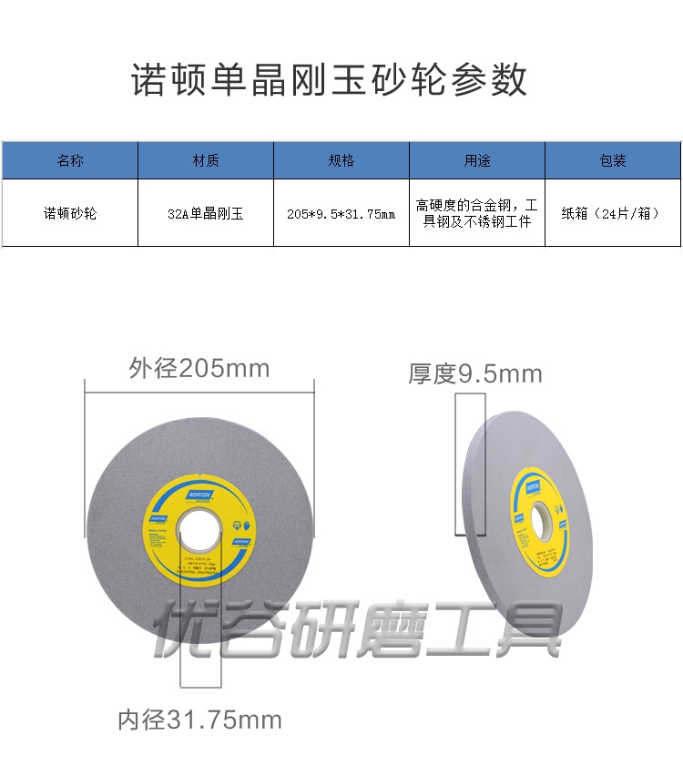 單晶剛玉諾頓工具磨平面磨床不銹鋼用砂輪沙輪片205*9.5*31.75