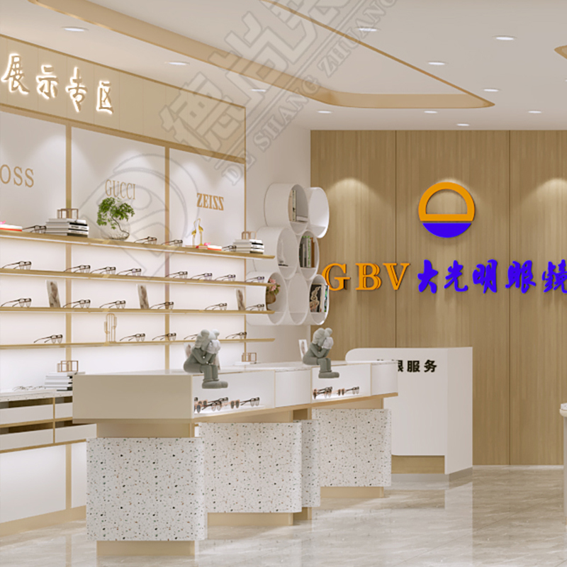 德尚裝飾眼鏡店裝修公司效果圖玻璃眼鏡柜臺(tái)眼鏡展柜空間設(shè)計(jì)