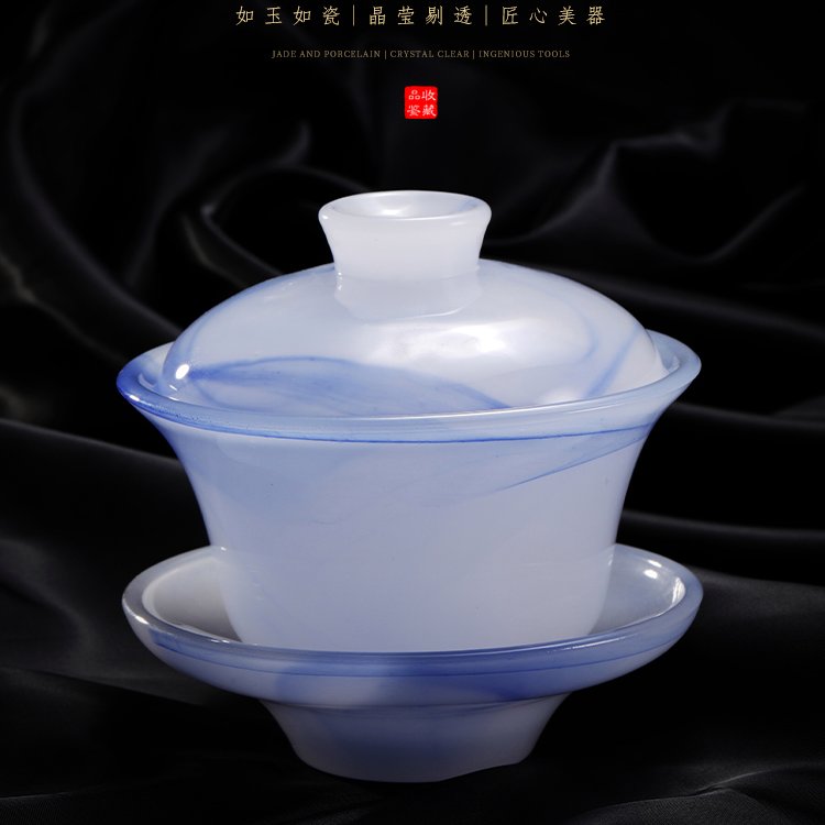 定制墨藍(lán)色翡翠玉瓷蓋碗家用茶碗琉璃羊脂玉瓷泡茶碗品茗杯茶海