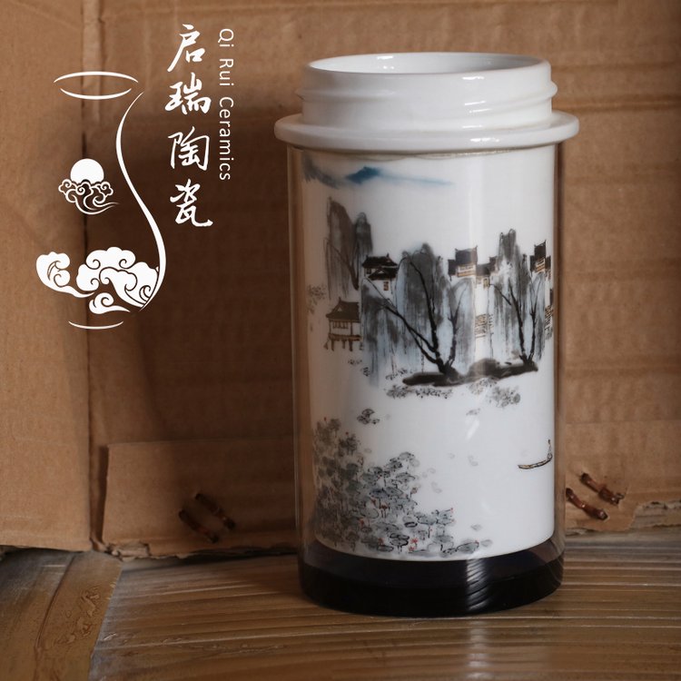 陶瓷水晶杯雙層帶蓋保溫杯辦公杯500毫升裝可加logo